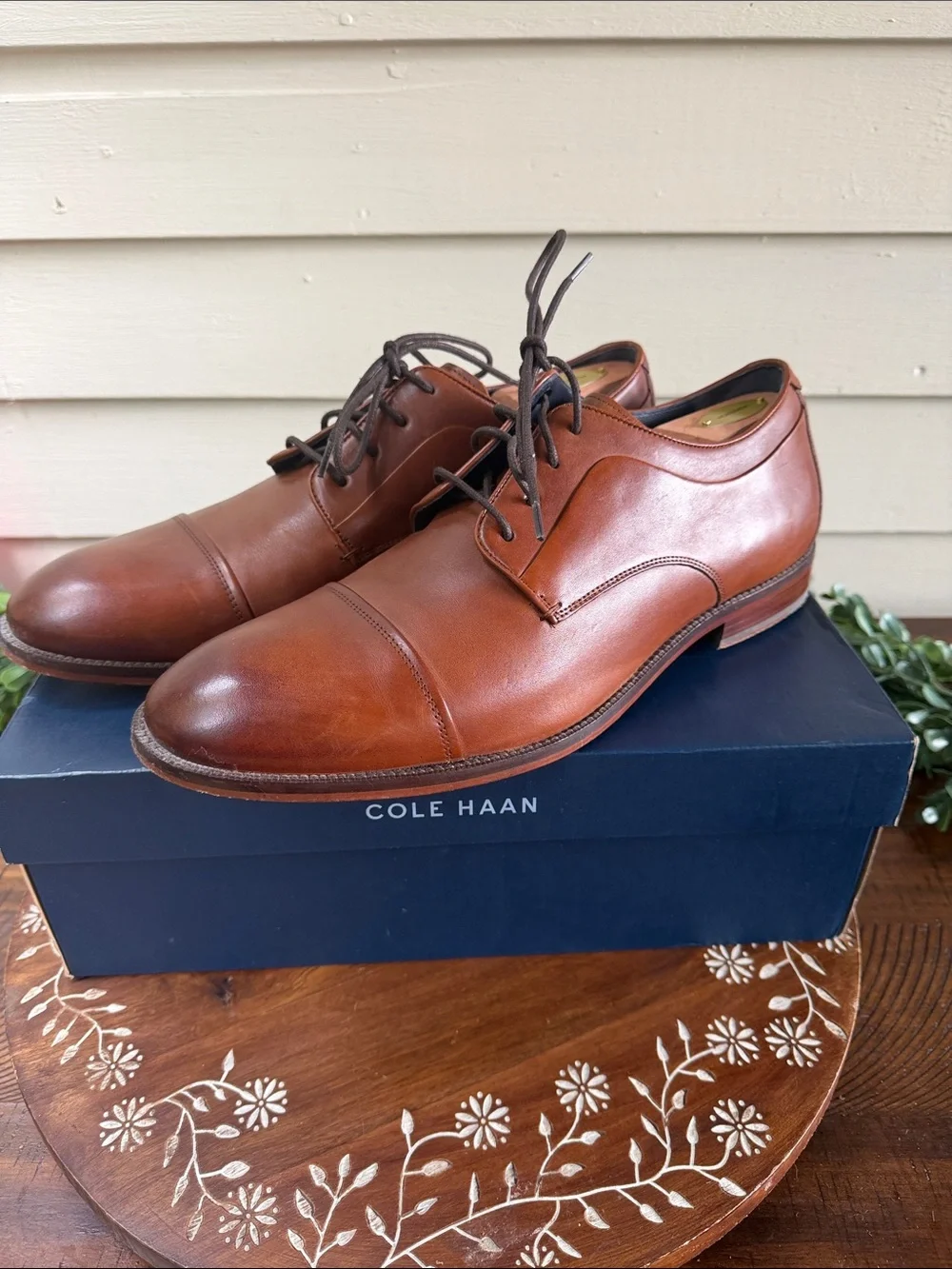Cole Haan Cognac Brown Leather Cap-Toe Derby Shoes NIB